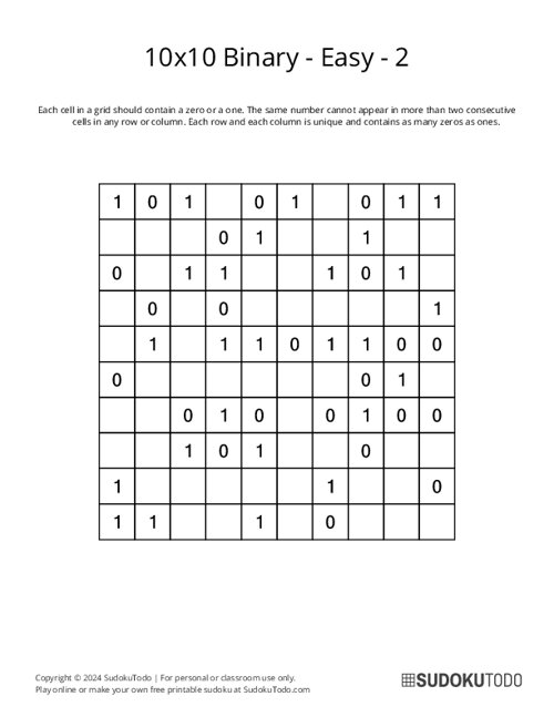 Binary Puzzles Printable