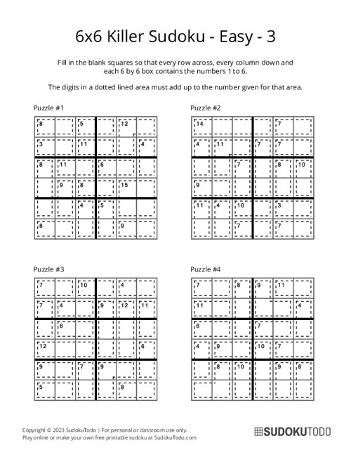 6x6 Killer Sudoku - Easy - 3