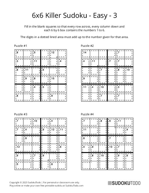 Killer Sudoku Per Bambini 6X6 - Da Facile A Difficile - Volume 1 - 145  Puzz 9781511508803