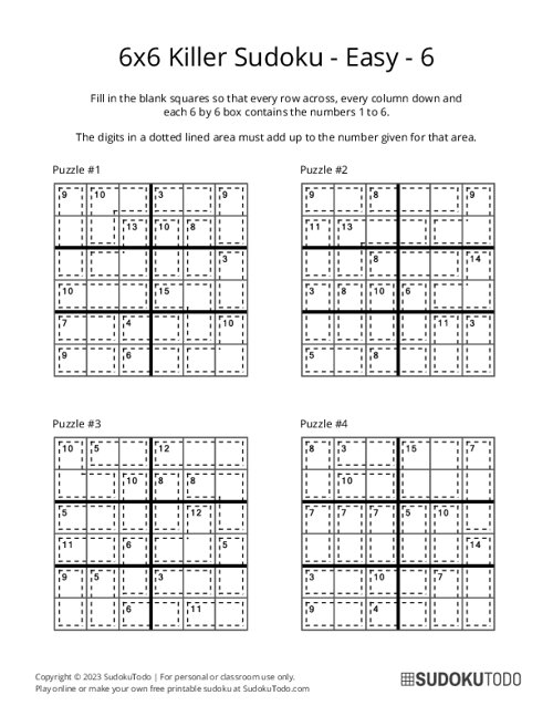 6x6 Killer Sudoku - Easy - 6