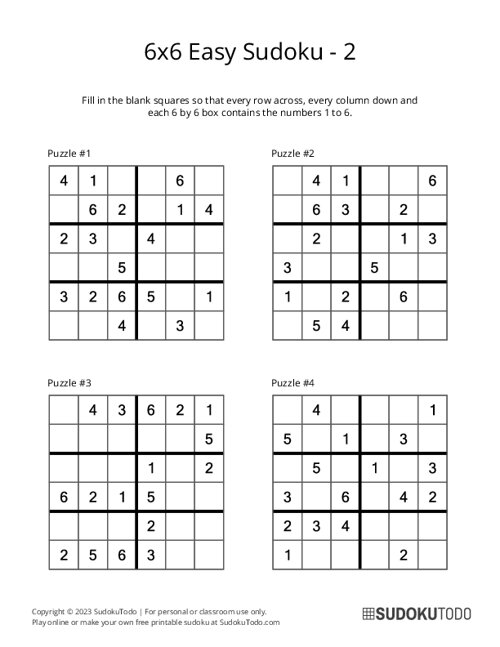 6x6 Sudoku Puzzle For Kids