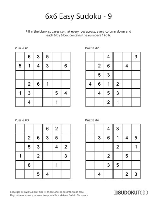 6x6 Sudoku Printable (Great for beginners!)