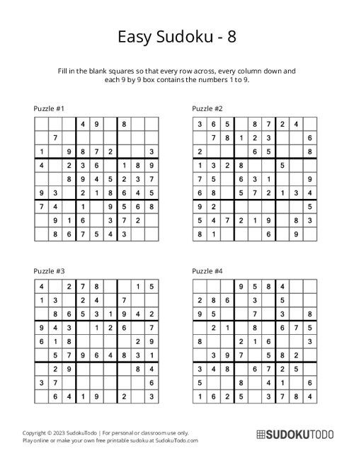 9x9 Easy Sudoku Puzzles Printable