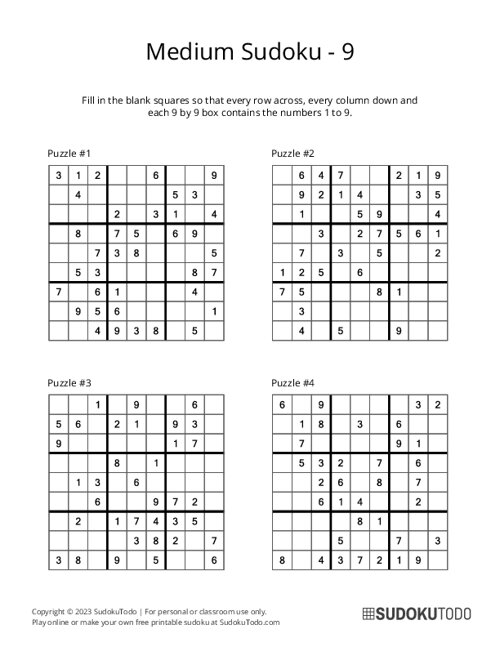9x9 Sudoku - Medium - 9