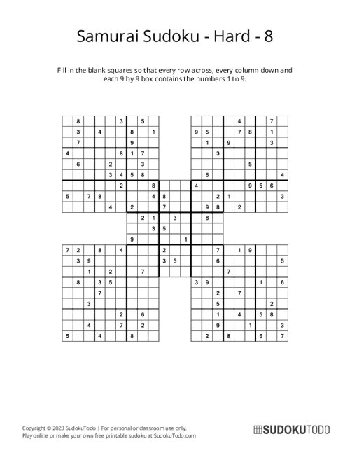 A free samurai sudoku puzzle to play online.