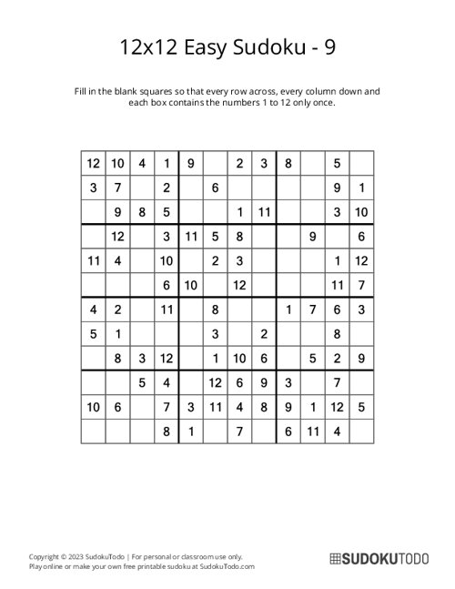 12x12 Sudoku - Easy - 9