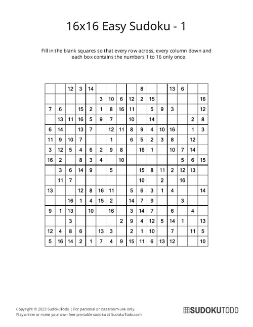 16x16 Sudoku - Easy - 1