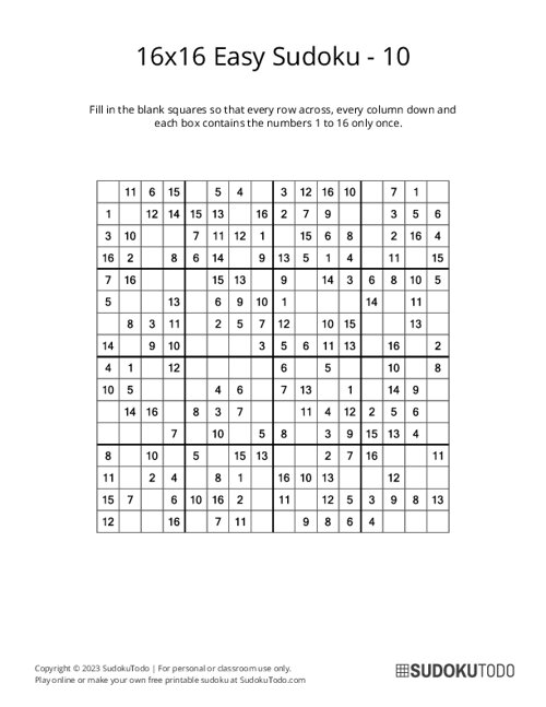 16x16 Sudoku - Easy - 10