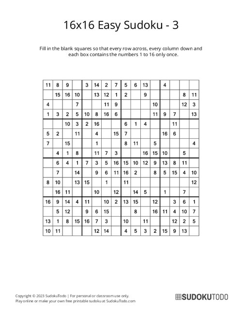 16x16 Sudoku - Easy - 3