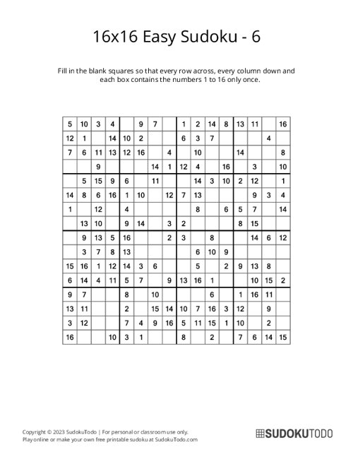 16x16 Sudoku - Easy - 6