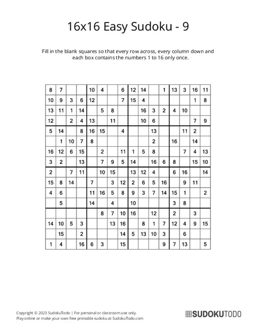 16x16 Sudoku - Easy - 9