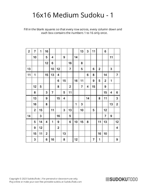 16x16 Sudoku - Medium - 1