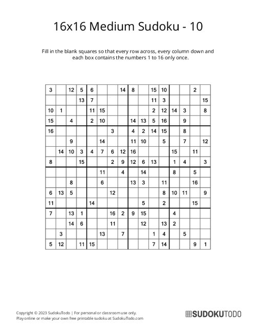 16x16 Sudoku - Medium - 10