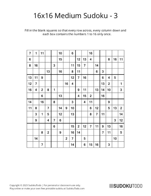 16x16 Sudoku - Medium - 3