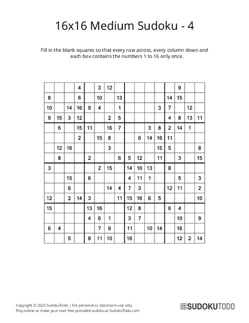 Page 2 16x16 Medium Sudoku Puzzles Printable
