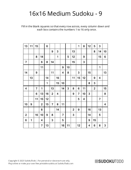 16x16 Sudoku - Medium - 9