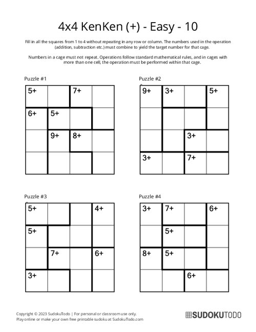 4x4 KenKen (+) - Easy - 10