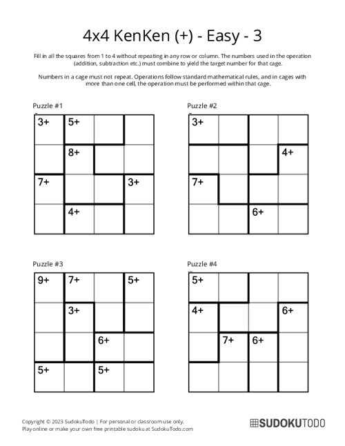 4x4 KenKen (+) - Easy - 3