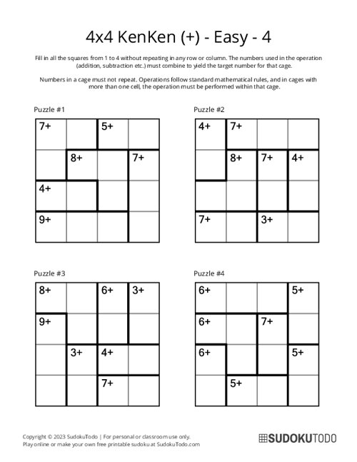 4x4 KenKen (+) - Easy - 4