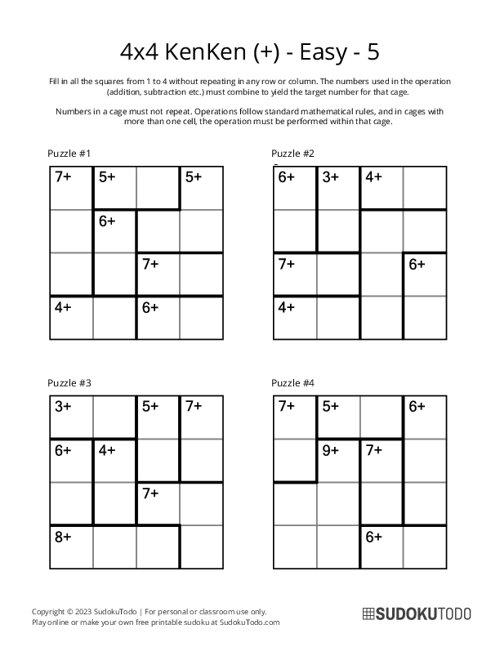 4x4 KenKen (+) - Easy - 5