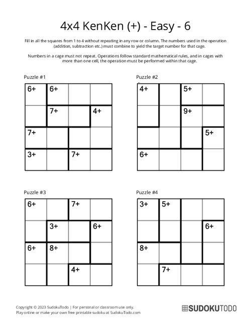 4x4 KenKen (+) - Easy - 6