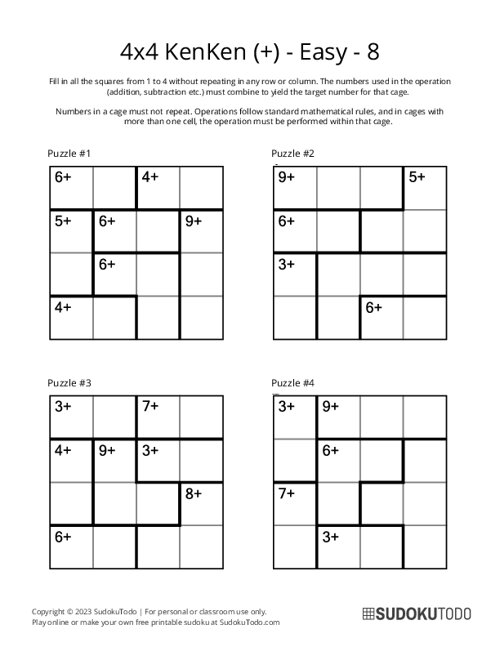 4x4 KenKen (+) - Easy - 8