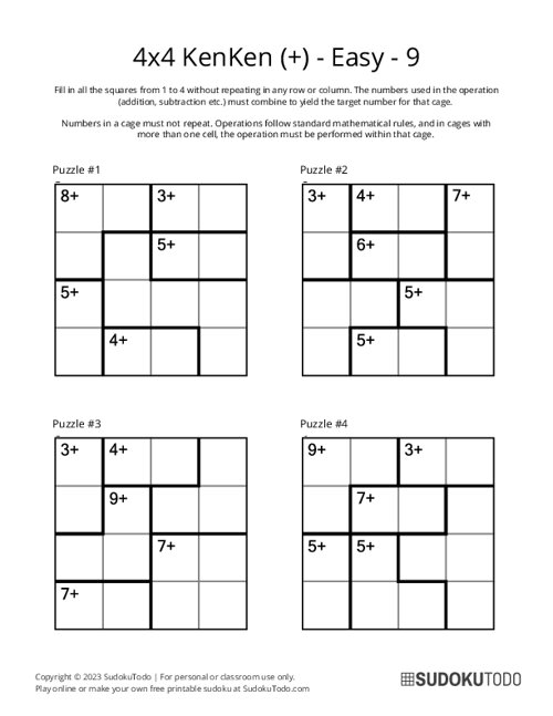 4x4 KenKen (+) - Easy - 9
