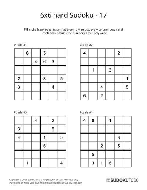 6x6 Sudoku - Hard - 17