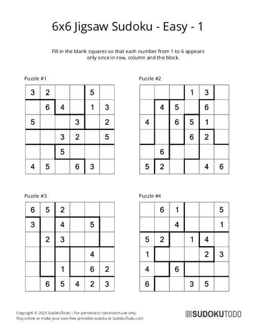 6x6 Jigsaw Sudoku - Easy - 1