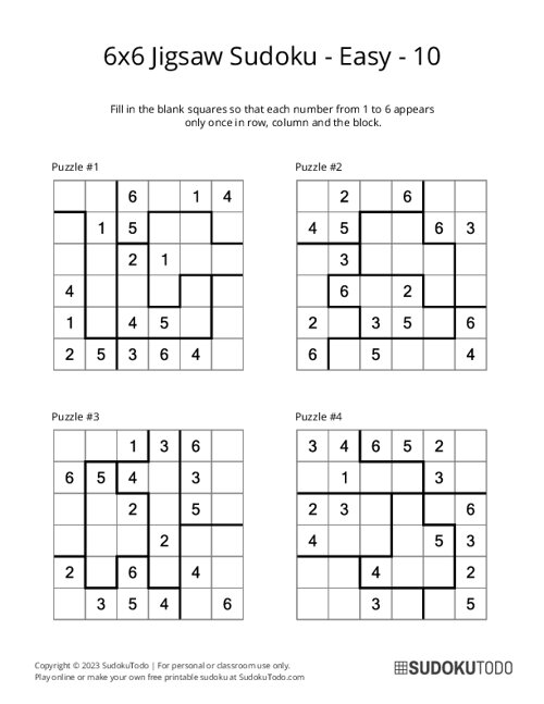 6x6 Jigsaw Sudoku - Easy - 10