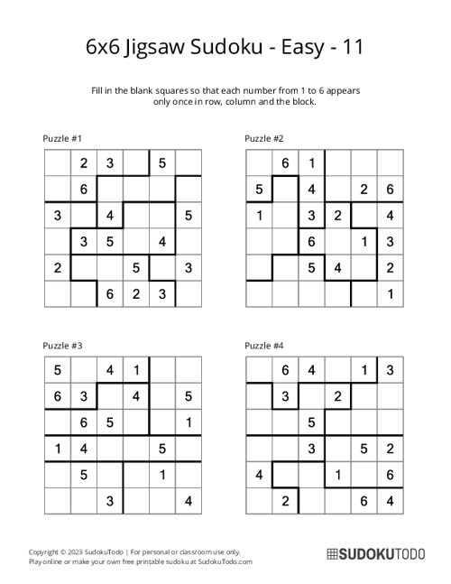6x6 Jigsaw Sudoku - Easy - 11