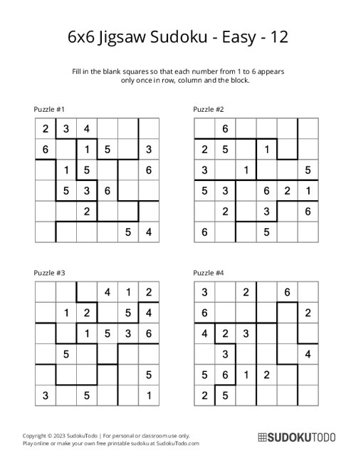 6x6 Jigsaw Sudoku - Easy - 12