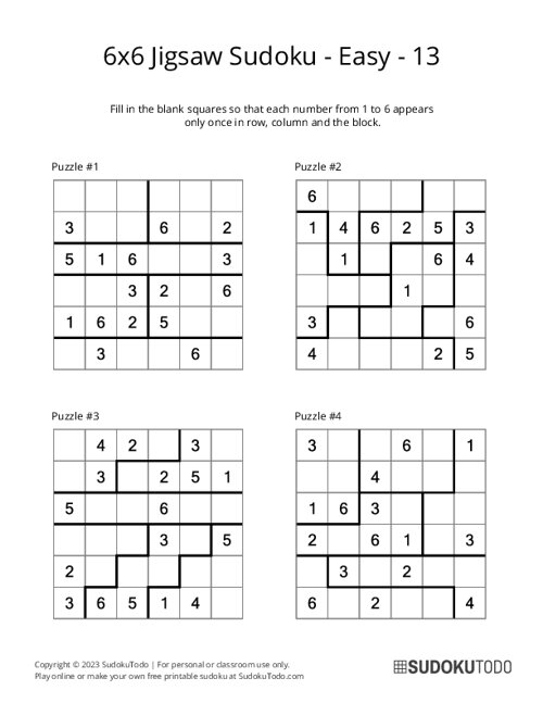 6x6 Jigsaw Sudoku - Easy - 13