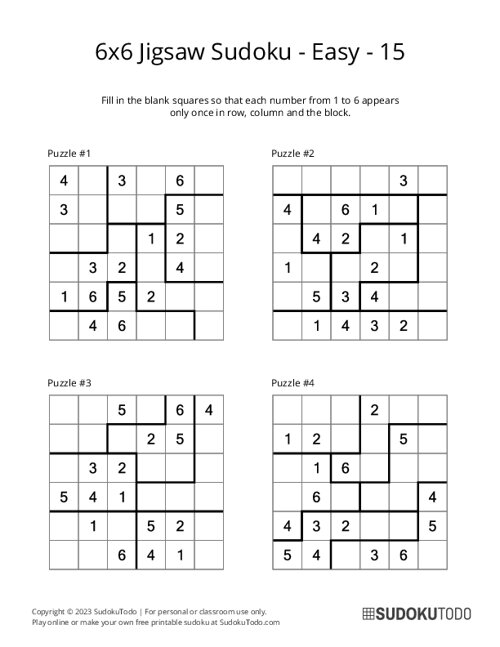 6x6 Jigsaw Sudoku - Easy - 15