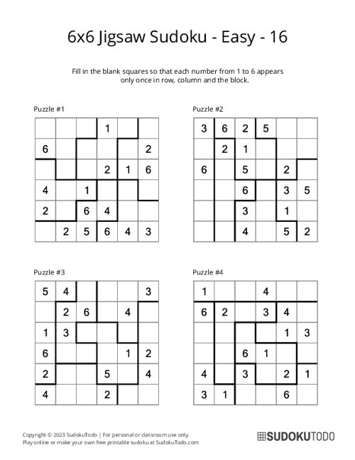 6x6 Jigsaw Sudoku - Easy - 16