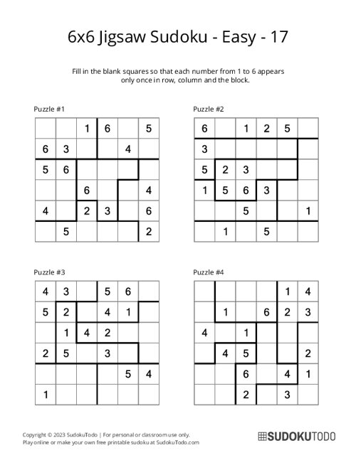 6x6 Jigsaw Sudoku - Easy - 17
