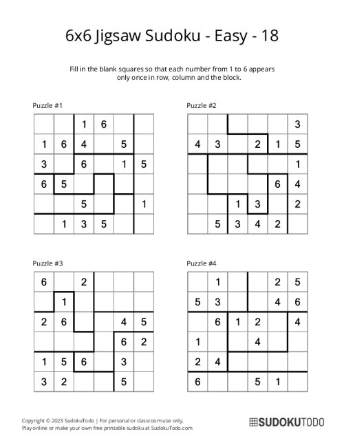 6x6 Jigsaw Sudoku - Easy - 18
