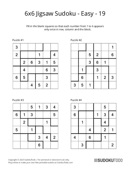 6x6 Jigsaw Sudoku - Easy - 19