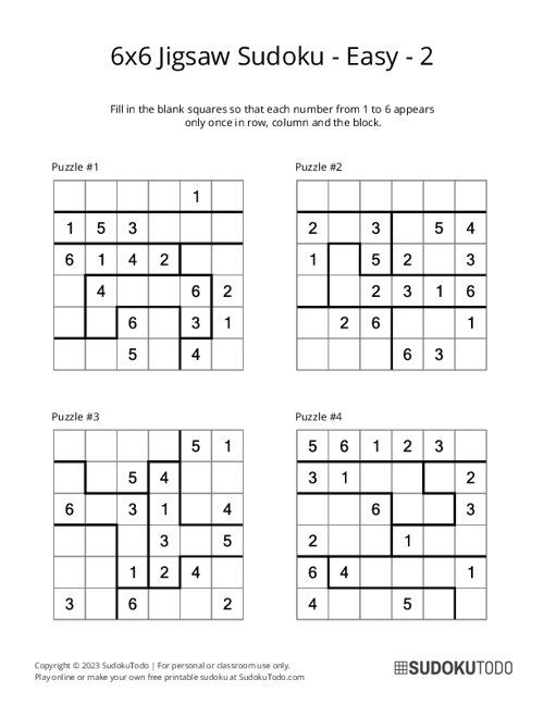 6x6 Jigsaw Sudoku - Easy - 2