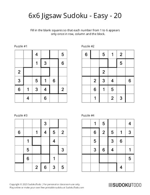 6x6 Jigsaw Sudoku - Easy - 20