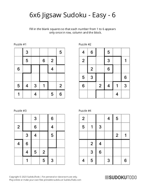 6x6 Jigsaw Sudoku - Easy - 6