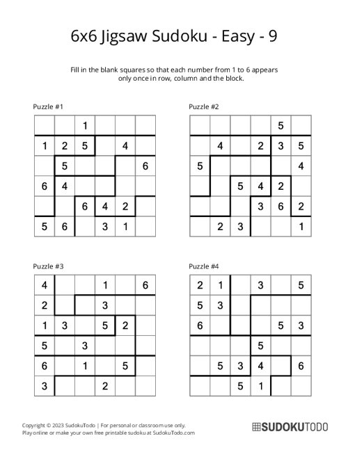 6x6 Jigsaw Sudoku - Easy - 9