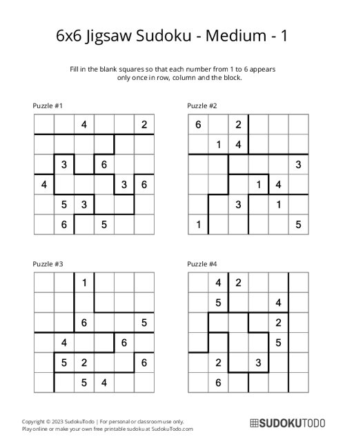 6x6 Jigsaw Sudoku - Medium - 1