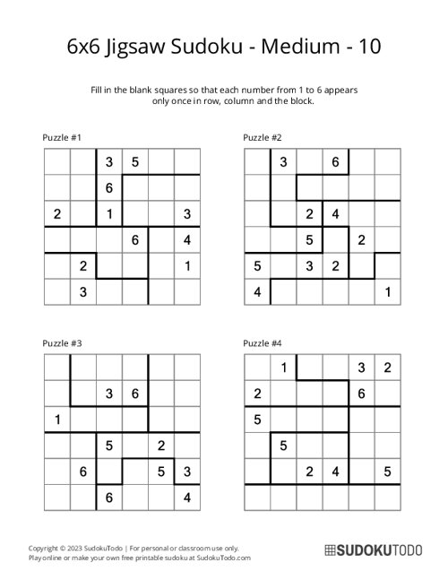 6x6 Jigsaw Sudoku - Medium - 10