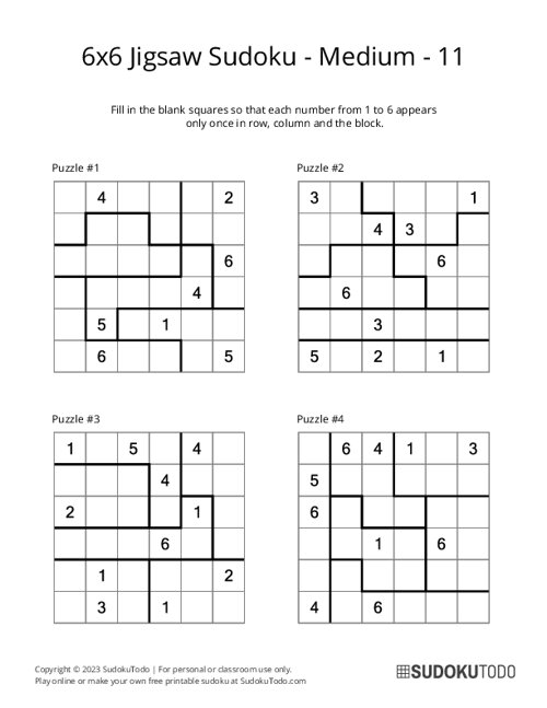 6x6 Jigsaw Sudoku - Medium - 11