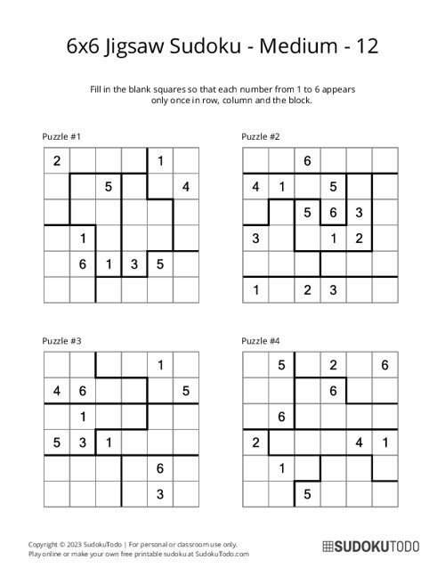 6x6 Jigsaw Sudoku - Medium - 12