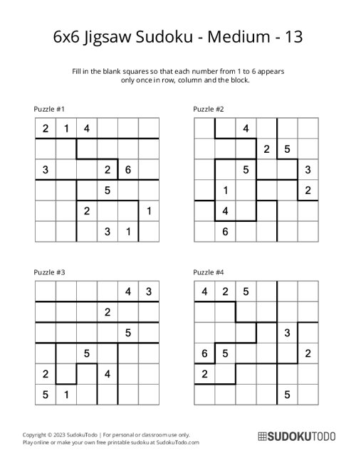 6x6 Jigsaw Sudoku - Medium - 13