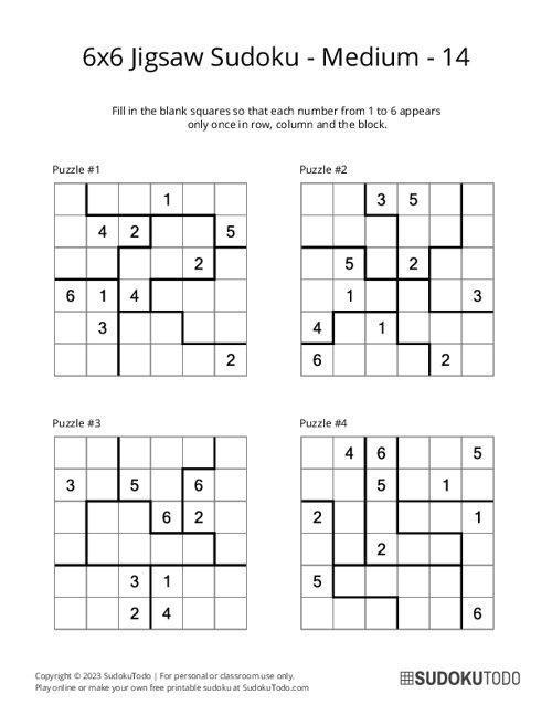 6x6 Jigsaw Sudoku - Medium - 14