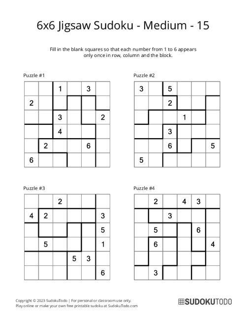 6x6 Jigsaw Sudoku - Medium - 15