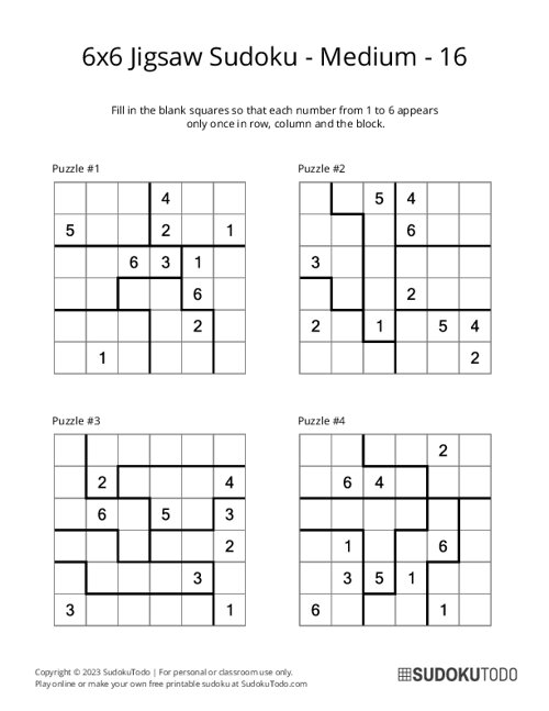 6x6 Jigsaw Sudoku - Medium - 16